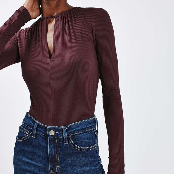 Topshop Maroon Long Sleeve Keyhole Bodysuit - Picture 1 of 8